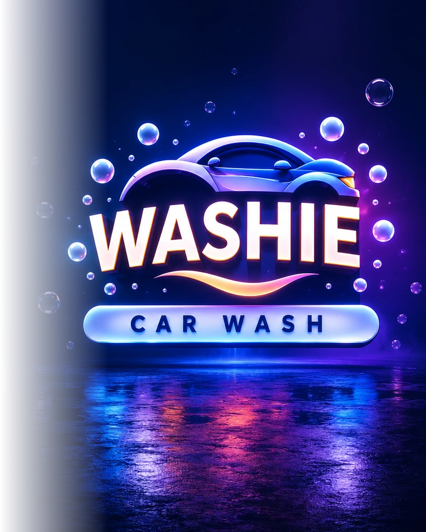 Washie Car Wash logo beneath a stylized blue car with a wet-floor reflection